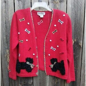 Jack B Quick Vtg Cardigan  Emroidered Scotty Dogs Sz Med Red  Shoulder Pads